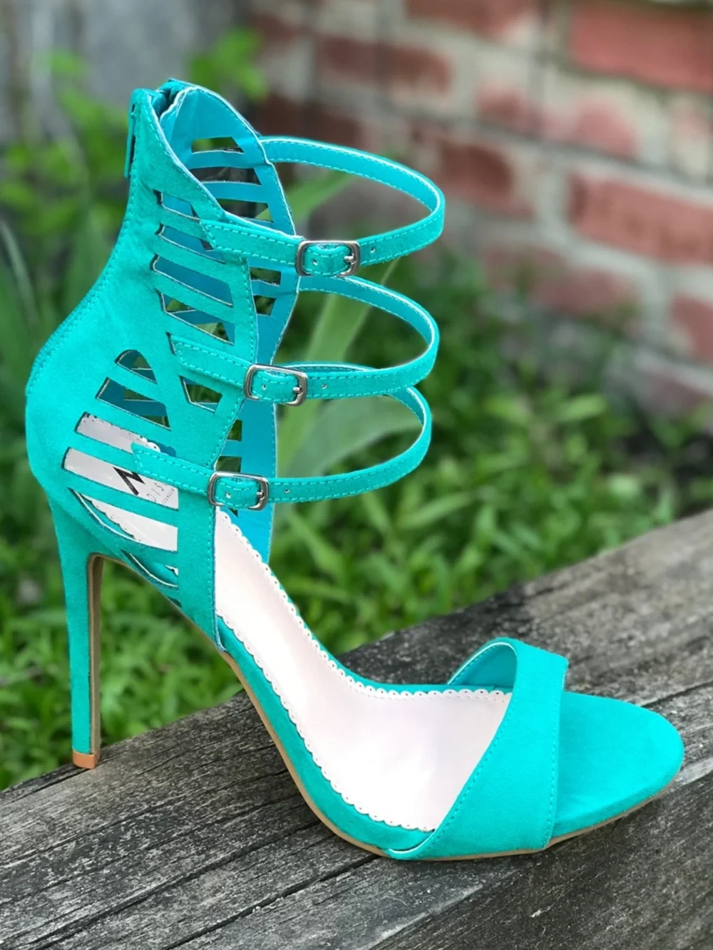 MADISON Teal Cage 3 Buckle Faux Suede Stiletto Open Toe Heels Size 9 - Picture 12 of 16